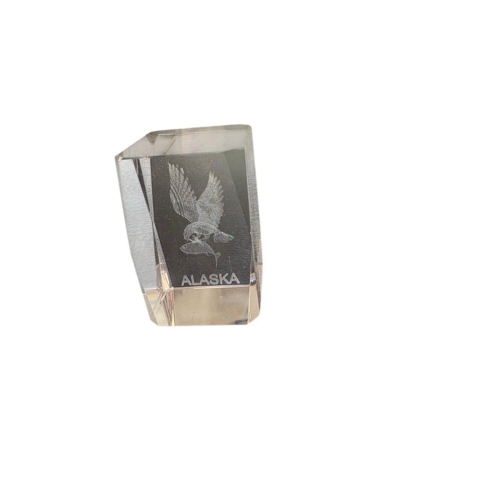 Alaska Souvenir Paperweight Laser 3D Etched Glass Eagle & Fish Vintage 1980's